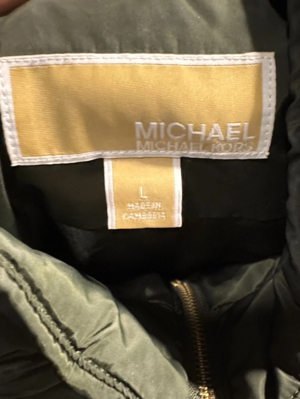 Michael Kors Olive Green Quilted Sleeveless Puffer Vest with Gold Zipper, Sz L
